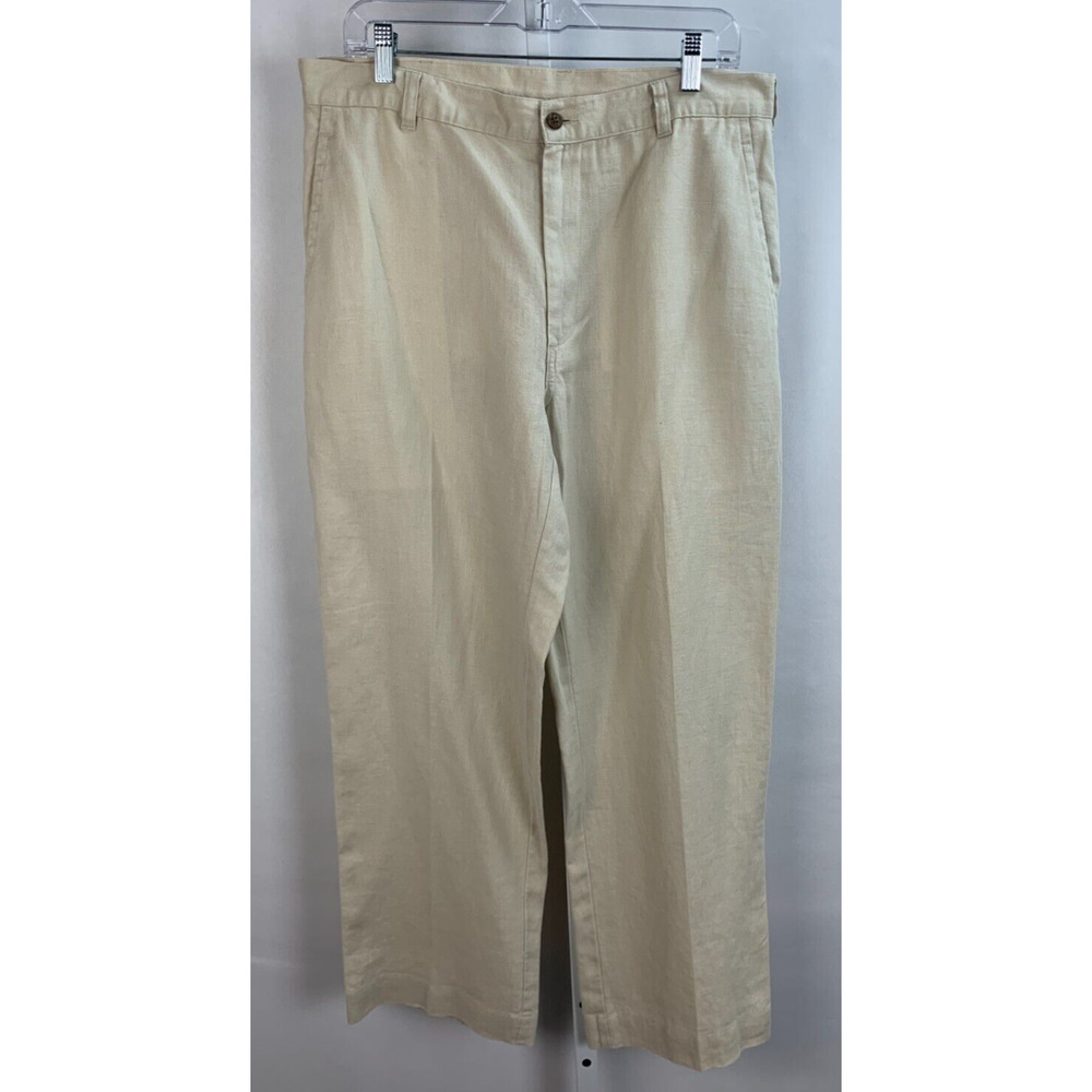 Jos A Bank 100% Linen Pants Mens 36 x 29 Cream Beige Flat Front